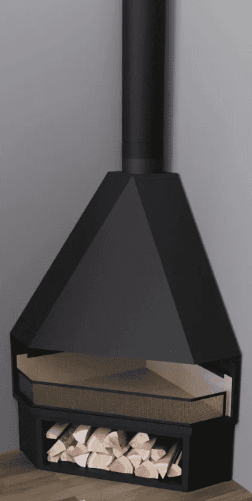 A modern, suspended, freestanding fireplace with a matte black finish. It features a pyramidal-shaped hood connected to a ceiling-mounted flue pipe. The firebox is integrated into the lower section, characterized by multi-sided glass panels allowing views of the fire. Below the firebox, an open compartment is designed for log storage, filled with cut firewood. — 3D model