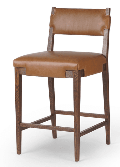A bar stool featuring a sturdy dark oak wood frame and a brown leather upholstered seat and backrest. The backrest and seat are integrated into the frame with distinctive wrap-around detailing of the leather around the wood. It has two horizontal footrests and visible wood grain. — 3D model