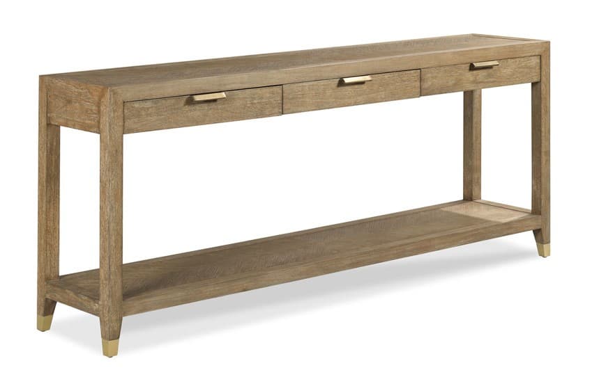 A long, narrow console table with three drawers at the top and a single shelf below. The table has a rectangular top and straight legs. The drawer fronts are plain, each fitted with a slim, horizontal metallic handle. The legs have decorative metallic caps at the base. The overall design is minimalist and modern, with a focus on clean lines and natural wood texture. — 3D model