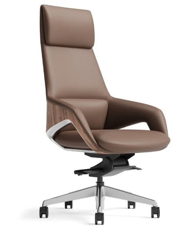 A high-back executive office chair featuring brown leather upholstery, integrated headrest, and distinctive wooden and polished metal accents on the armrests and base. The chair is equipped with a five-star swivel base and casters for mobility. — 3D model