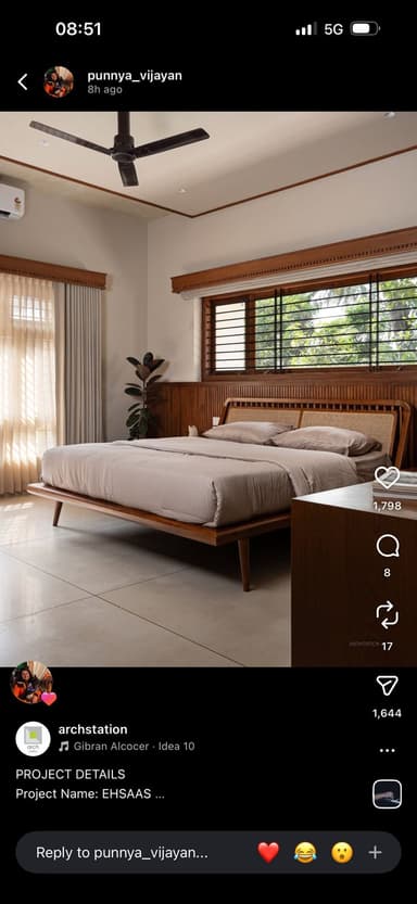 A contemporary platform bed featuring a light-toned wooden frame and a headboard with woven rattan panels, supported by four subtly tapered legs. It is dressed with simple light beige bedding. — 3D model