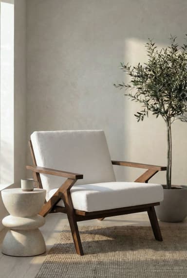 A modern armchair with a wooden frame and upholstered seat and back. The frame features angled legs and armrests, characteristic of mid-century modern design. The upholstery is a textured, light-colored fabric. — 3D model