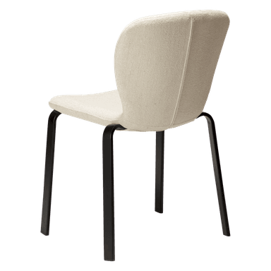 A modern chair with a molded seat and backrest upholstered in a textured, light-colored fabric. The base consists of four slender, dark-colored legs with a minimalist design. — 3D model