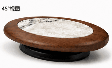 A round coffee table featuring a warm, dark wood-grain exterior and a central white and grey marble or stone inlay, set upon a recessed black circular base. The table has a low profile, measuring 320mm in height. — 3D model