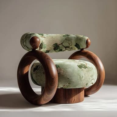 A contemporary armchair featuring a unique design with toroidal armrests and a cylindrical base. The seat and backrest are upholstered in a fabric with a botanical print. The frame elements are constructed from wood with a prominent grain pattern. — 3D model