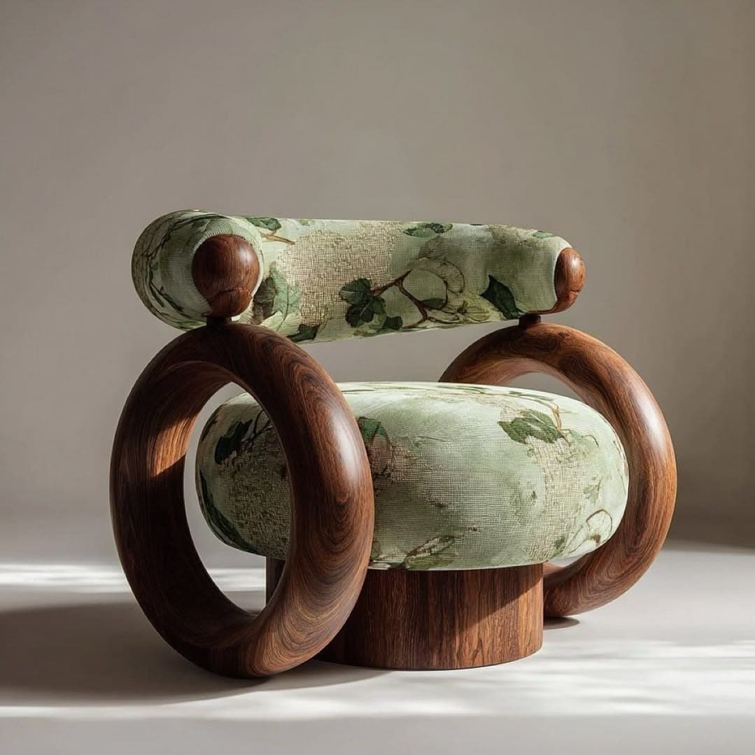 A contemporary armchair featuring a unique design with toroidal armrests and a cylindrical base. The seat and backrest are upholstered in a fabric with a botanical print. The frame elements are constructed from wood with a prominent grain pattern. — 3D model