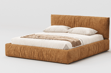 A king-size upholstered bed frame with a plush headboard featuring a ruched or gathered fabric design. The bed is dressed with white bedding, a decorative pillow, and a quilted throw blanket. It sits on a solid base and is flanked by two small, modern side tables, one holding a vase with floral sprigs and the other a cup and saucer. — 3D model
