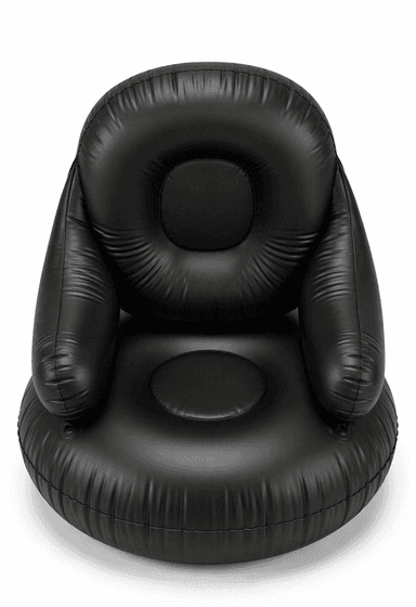 A black inflatable armchair with a rounded base, integrated armrests, and a supportive backrest. The surface displays visible seams and the characteristic rippling of inflated material. It features circular indentations on the seat and back. — 3D model