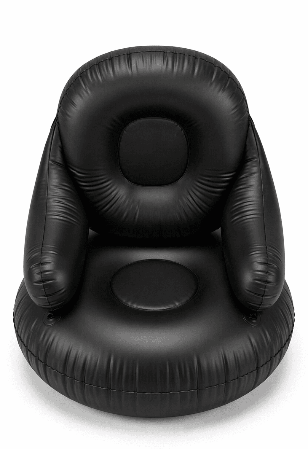 A black inflatable armchair with a rounded base, integrated armrests, and a supportive backrest. The surface displays visible seams and the characteristic rippling of inflated material. It features circular indentations on the seat and back. — 3D model