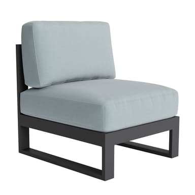 A modern armless chair with a sturdy, dark-colored frame and upholstered cushions in a light blue fabric. The base has a minimalist, geometric design, suggesting outdoor or contemporary indoor use. The cushions appear plush and well-stitched. — 3D model