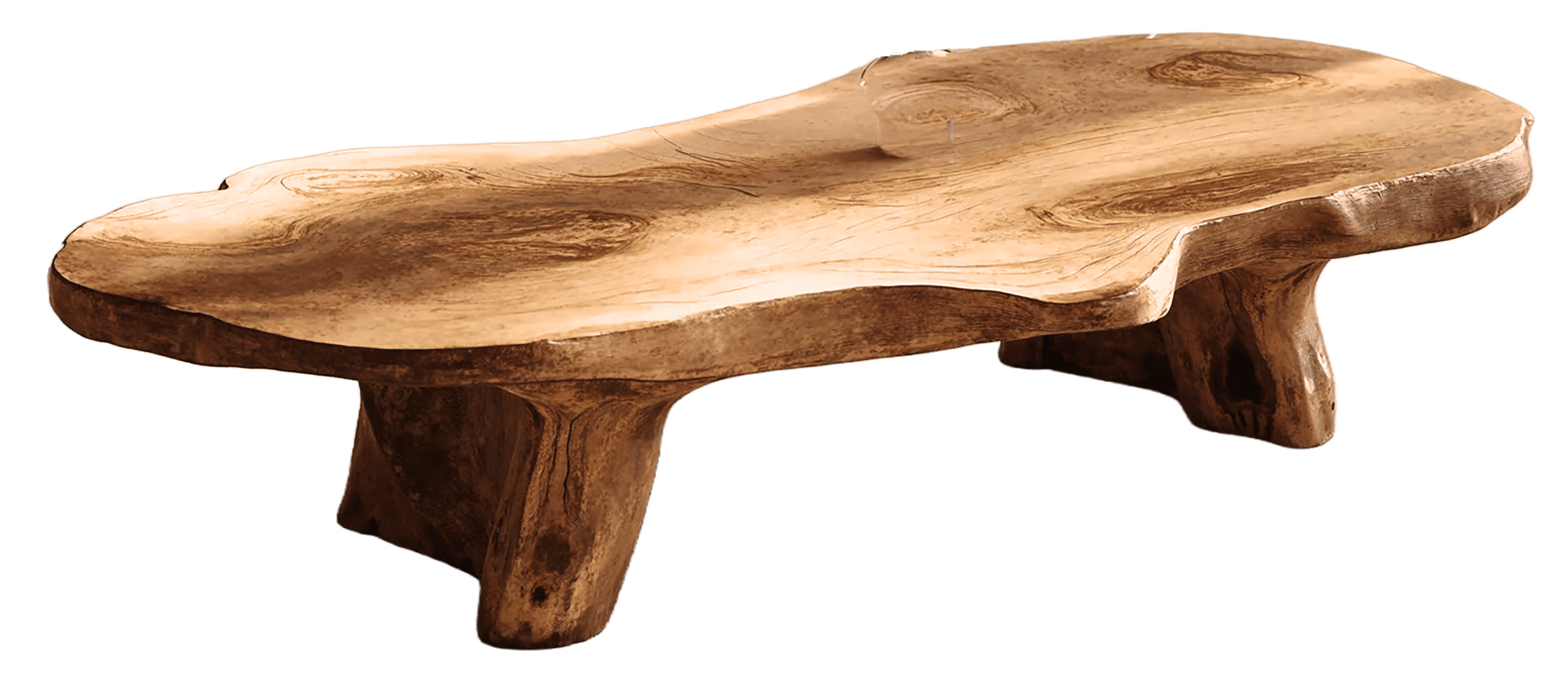 A low-profile, freeform coffee table with an organic, live-edge design. The tabletop is irregular in shape, showcasing the natural grain and contours of the wood. It is supported by two thick, organically shaped legs that mimic tree stumps or roots, also crafted from wood. The piece exhibits a rustic and natural aesthetic. — 3D model