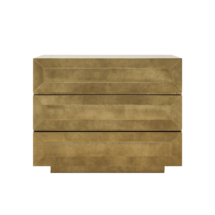 A contemporary three-drawer dresser featuring a striking brass finish and a distinctive geometric design. Each drawer front and the perimeter of the piece display a stepped, recessed pattern, creating a textured and dimensional appearance. The dresser stands on a tapered plinth base that echoes the geometric theme. The golden hue of the brass provides a luxurious and opulent aesthetic. The drawers appear to be handle-less, maintaining the clean lines of the design. — 3D model