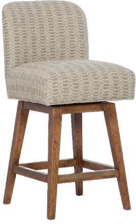 A wooden bar stool with a swiveling seat and backrest upholstered in a patterned fabric. The base is constructed from rustic-finished wood with crossbars for stability. The seat and backrest are padded and covered with a fabric featuring a repeating geometric pattern in muted green and cream tones. — 3D model