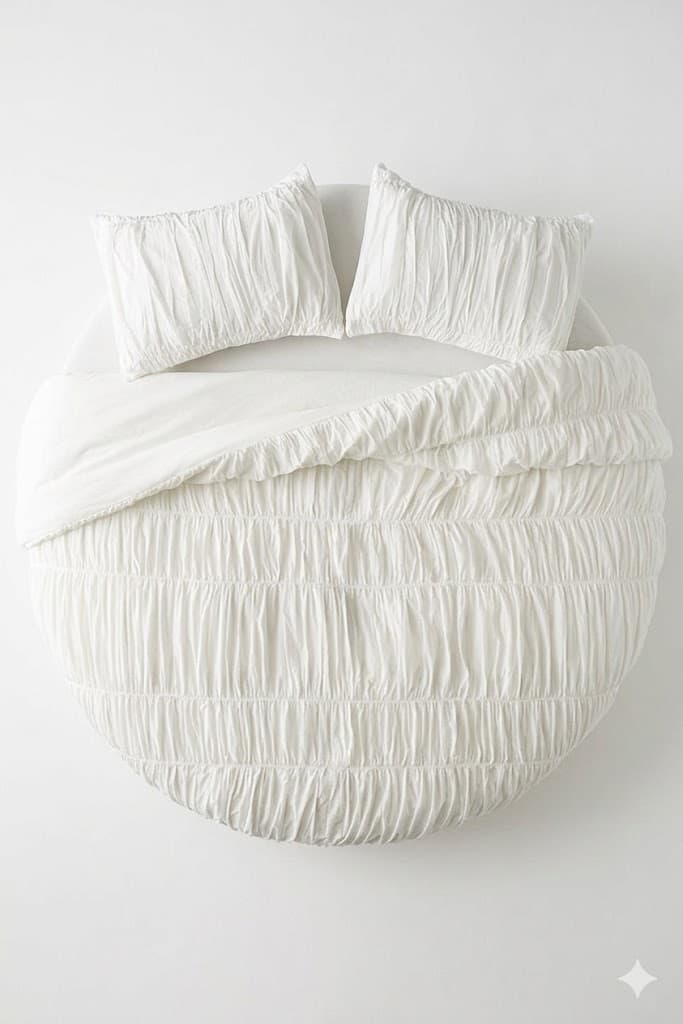 A top-down view of a circular platform bed adorned with a white shirred duvet cover and two matching shirred pillow shams. The bed base is a low-profile white circular platform, visible around the edges of the bedding. The bedding fabric exhibits a crinkled, textured appearance due to the shirring technique. — 3D model