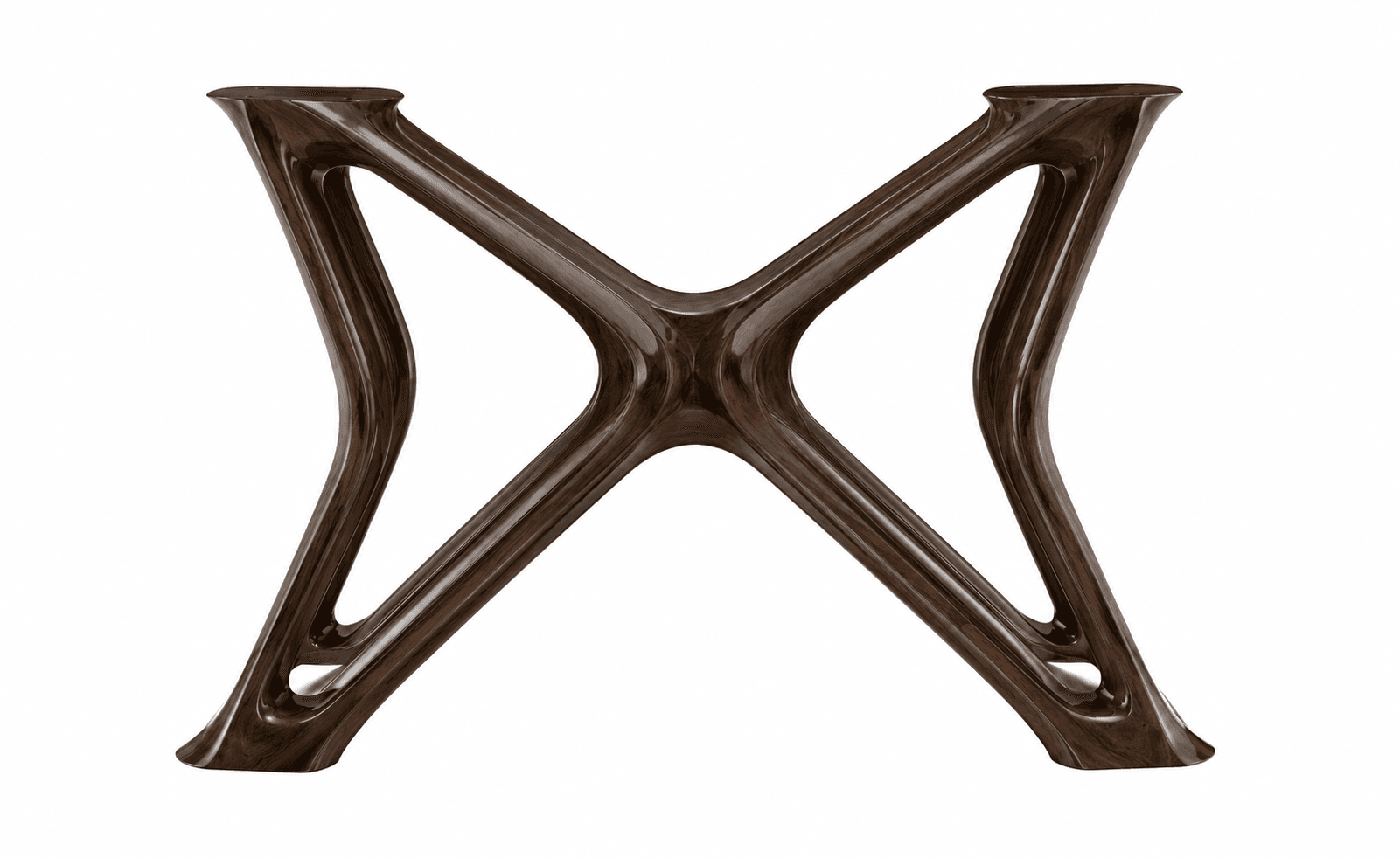 A sculptural table base crafted from dark walnut wood, featuring an X-shaped organic design with sinuous, curved legs converging at a central point. The surface has a smooth, polished finish. — 3D model
