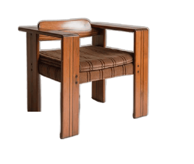 A robust armchair featuring a solid wood frame with a rectilinear design, equipped with thick, striped upholstered cushions for the seat and a low, integrated backrest. — 3D model