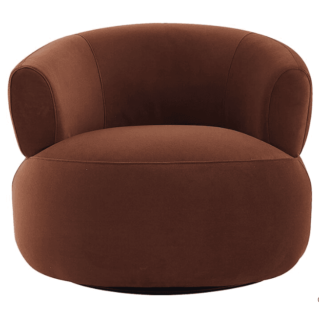 A modern, upholstered barrel-shaped chair in a reddish-brown velvet-like fabric, featuring a distinctive rounded silhouette and a concealed swivel base. — 3D model