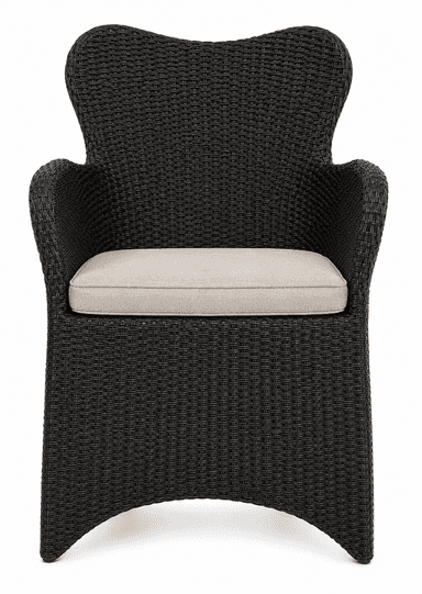 A dark brown (almost black) woven armchair with a distinctive curved back and integrated armrests, featuring a light beige, rectangular seat cushion. The entire body of the chair, including its subtly flared base, is constructed from a tightly woven material. — 3D model