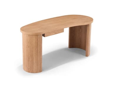 A modern wooden desk with a distinctive oval-shaped tabletop. It features two curved, cylindrical legs that provide support. A single, integrated drawer is subtly incorporated into the underside of the tabletop on one side, maintaining the clean, minimalist aesthetic. The wood grain is visible, suggesting a natural finish. — 3D model