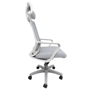 A modern ergonomic office chair featuring a grey mesh backrest, a padded light grey fabric seat, fixed white plastic armrests, and a five-star base with casters. It includes an adjustable headrest with a mesh covering. — 3D model