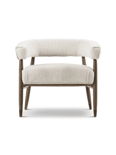 A contemporary upholstered accent armchair featuring a rounded backrest and seat, both covered in a plush, textured off-white bouclé fabric. The frame and legs are constructed from dark-stained solid wood, with the legs tapering downwards, ending in subtle foot caps. The armrests are integrated into the continuous curve of the backrest, providing a comfortable and inviting silhouette. — 3D model