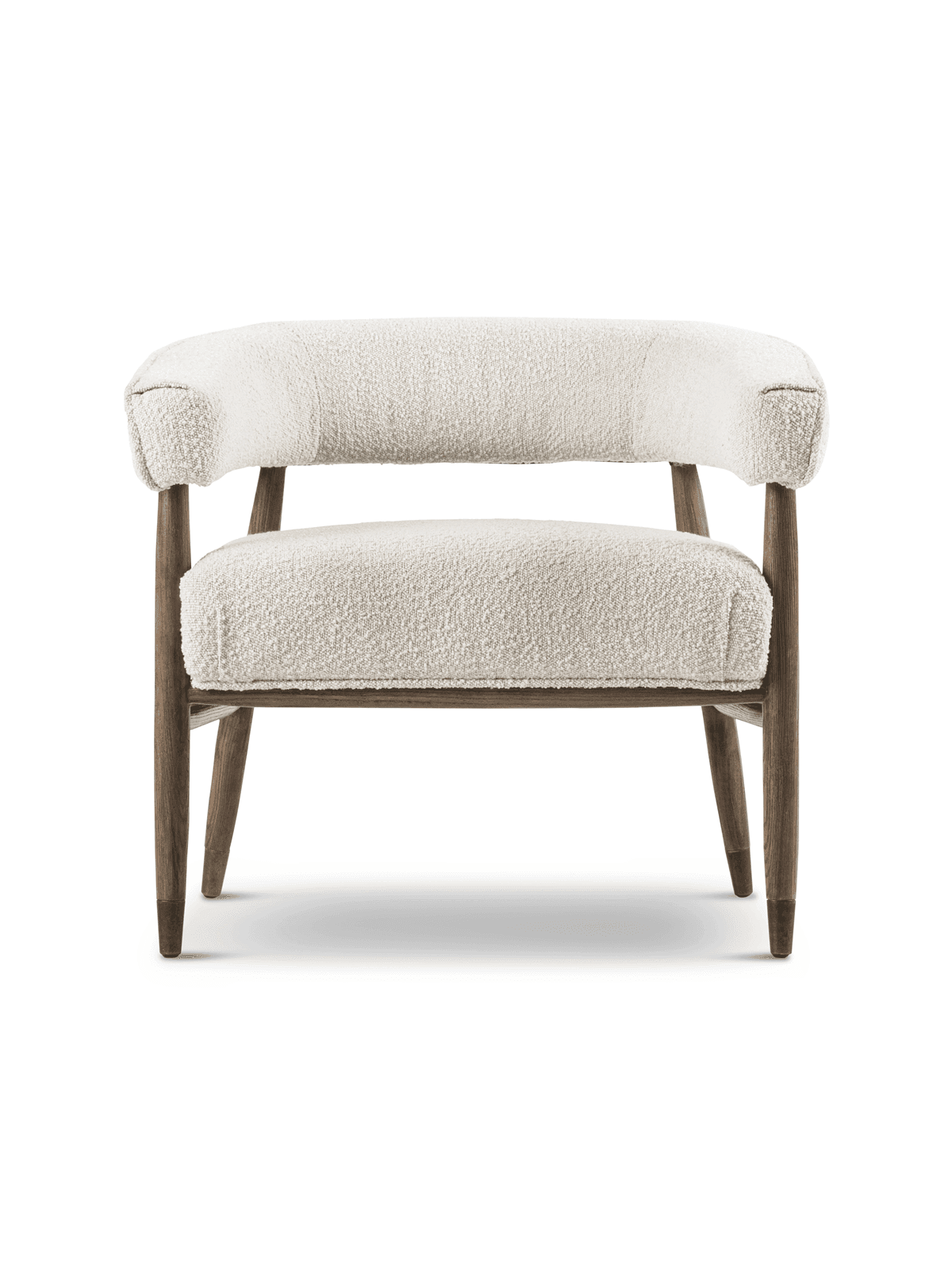 A contemporary upholstered accent armchair featuring a rounded backrest and seat, both covered in a plush, textured off-white bouclé fabric. The frame and legs are constructed from dark-stained solid wood, with the legs tapering downwards, ending in subtle foot caps. The armrests are integrated into the continuous curve of the backrest, providing a comfortable and inviting silhouette. — 3D model