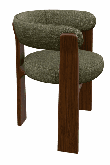 A modern upholstered chair with a distinctive dark wood frame and a circular seat and curved backrest in dark green fabric, viewed from below. — 3D model