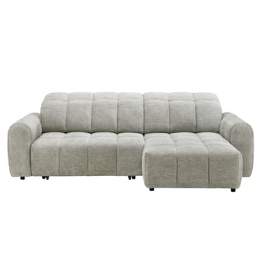 A contemporary L-shaped sectional sofa upholstered in a light gray textured fabric, featuring distinctive channel tufting across all surfaces, including the backrest, seat cushions, and armrests. It includes an integrated chaise lounge on the right side when viewed from the front. — 3D model