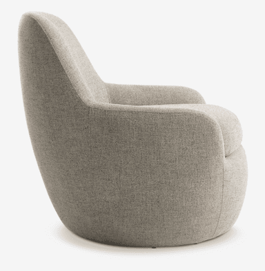 The image displays the back view of a contemporary upholstered barrel armchair. It features a continuous, rounded silhouette with a distinct vertical seam running down the center of the backrest. The chair is covered in a light beige or greige textured woven fabric. The design appears compact and minimalist, with a smoothly curved form that suggests an enveloping, comfortable seat. Small glides or feet are barely visible at the very bottom edge. — 3D model