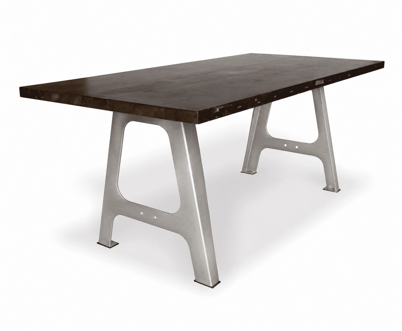 A sturdy rectangular dining table featuring a thick, dark-stained solid wood tabletop supported by two industrial-style A-frame metal trestle bases with a brushed silver finish. — 3D model