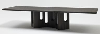 A contemporary coffee table crafted from dark-stained wood, featuring a rectangular tabletop with subtly rounded edges. The table's distinctive base consists of two sculptural, curved pedestals connected by a central element, providing a unique and stable foundation. The design emphasizes clean lines and a minimalist aesthetic. — 3D model