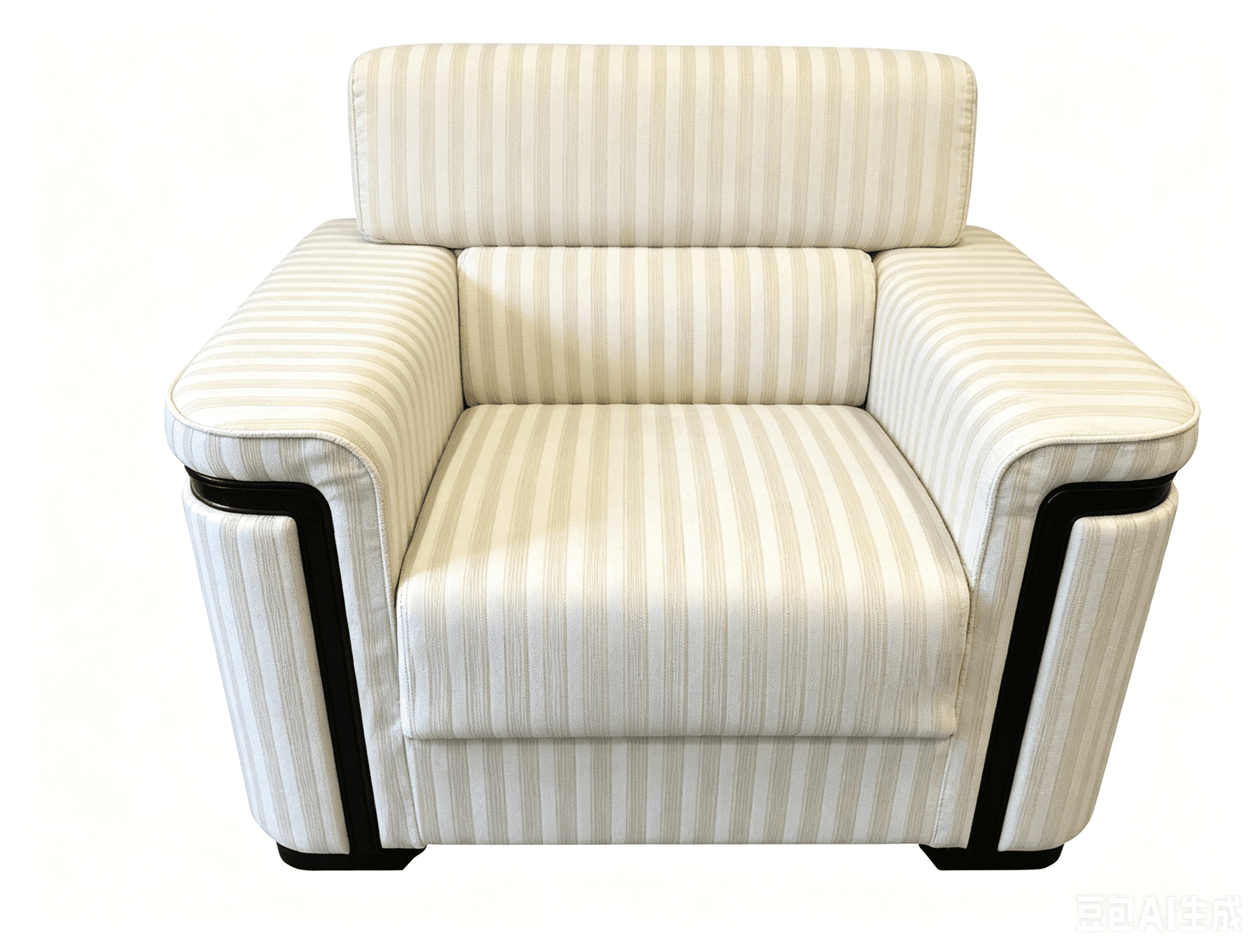 An upholstered armchair featuring a contemporary design with a striped cream and light tan fabric. The armrests incorporate distinctive dark, possibly wood or metal, accents that provide a contrast to the light upholstery. It has plush seat and back cushions for comfort and appears well-constructed. — 3D model
