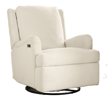 An off-white or cream-colored upholstered power recliner with a swivel and rocking base. The chair features padded track arms, a high back with slight wings, and an integrated control panel for reclining on the inner right armrest. The upholstery appears to be a textured, woven fabric. — 3D model
