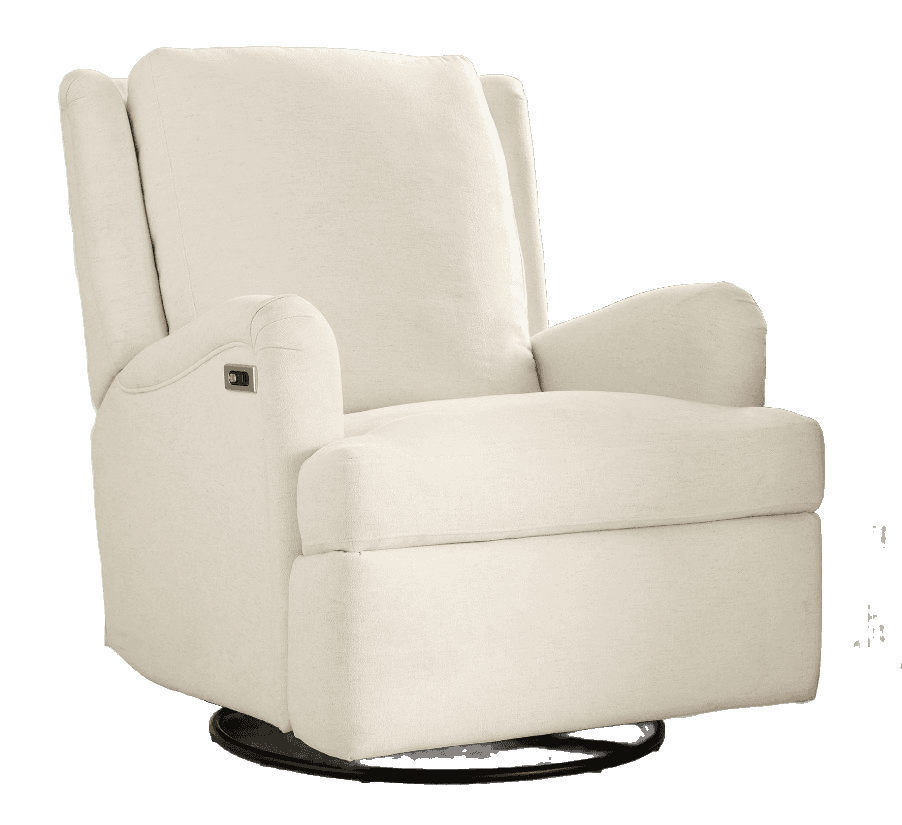 An off-white or cream-colored upholstered power recliner with a swivel and rocking base. The chair features padded track arms, a high back with slight wings, and an integrated control panel for reclining on the inner right armrest. The upholstery appears to be a textured, woven fabric. — 3D model