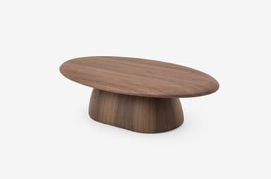 A modern sculptural coffee table made entirely of dark brown walnut wood, featuring an oval top and a solid, flared pedestal base with smooth, organic curves. — 3D model