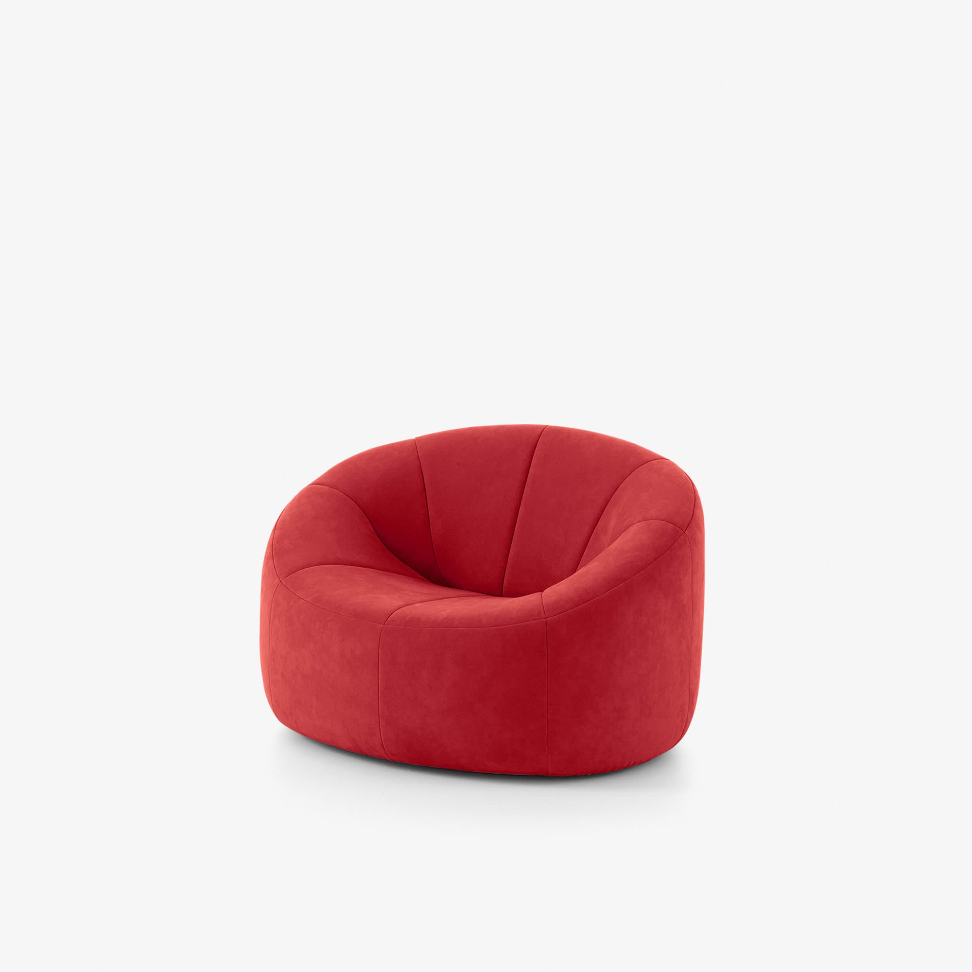 A low-profile, single-person lounge chair upholstered in red fabric, featuring a deep, curved seat and back with panel stitching, and an integrated base. — 3D model