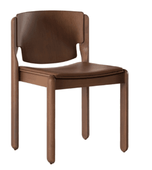 A modern dining chair with a wooden frame and a leather upholstered seat and backrest. The chair features a curved back panel with integrated armrests that extend from the frame. The legs are cylindrical and appear to be solid wood. — 3D model