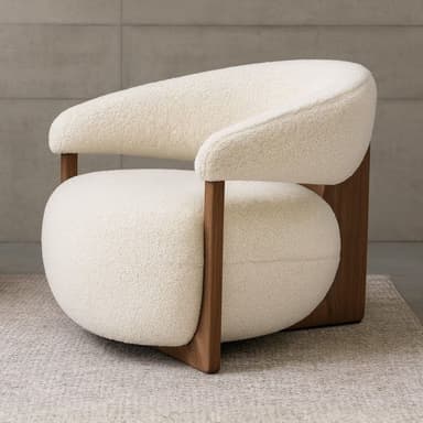 A cream-colored, heavily upholstered lounge chair featuring a distinct rounded silhouette, supported by an exposed dark wood frame that cradles the soft bouclé cushions. — 3D model