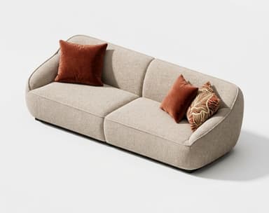 A contemporary two-seater sofa featuring soft, organic curves and upholstered in a light beige, textured fabric. The design incorporates rounded, continuous armrests and an integrated backrest. It sits on a dark, recessed plinth base, giving it a slightly floating appearance. The sofa is accessorized with two rust-colored velvet throw pillows and one patterned throw pillow, enhancing its comfort and aesthetic. — 3D model