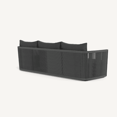 A modern outdoor sofa with a dark grey frame and woven rope detailing on the sides. The sofa features a flat seat cushion and three back cushions, all upholstered in a dark grey fabric. The frame appears to be made of metal, and the rope detailing suggests it is designed for outdoor use. The overall aesthetic is minimalist and contemporary. — 3D model