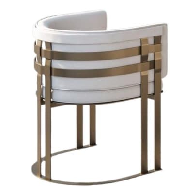 A modern accent chair with a curved backrest and a metal frame. The seat and back are upholstered in a textured grey fabric with white piping. The frame consists of two curved legs and vertical supports that intertwine at the back. The metal has a brushed bronze or antique brass finish. — 3D model