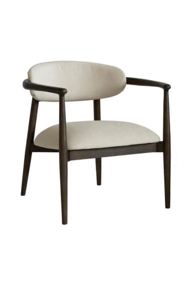 A upholstered armchair with a wooden frame. The chair features a curved backrest and a seat cushion, both upholstered in a light-colored fabric. The frame is constructed from dark-stained wood with tapered legs and curved armrests. — 3D model