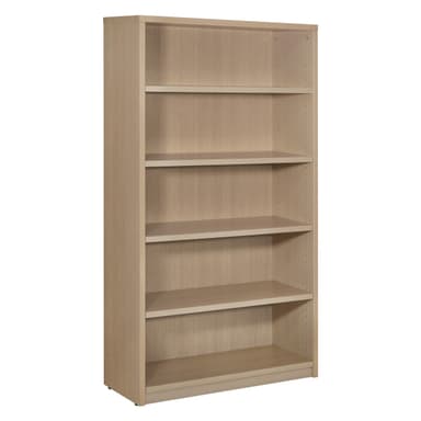 A tall, rectangular open-shelf bookshelf featuring a light wood-grain finish. It has five evenly spaced shelves, providing ample storage and display space. The design is simple and functional, with clean lines and a contemporary aesthetic. — 3D model