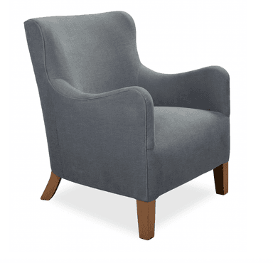 A gray upholstered armchair viewed from the rear. The armchair features a high back with a gently curved top edge, flared arms, and wooden legs. The upholstery appears to be a textured fabric, and the legs are angled and tapered. — 3D model