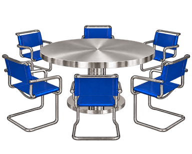 A modern dining set featuring a round, brushed stainless steel table with a central pedestal base and six accompanying chairs. The chairs have polished chrome tubular frames with a cantilever design and are upholstered with bright blue textile sling fabric for the seats and backs. — 3D model