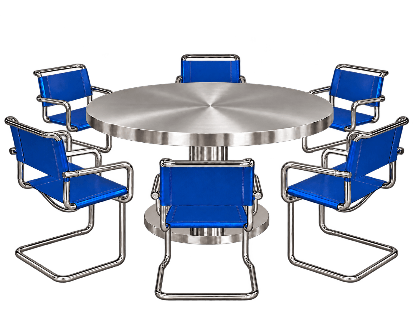 A modern dining set featuring a round, brushed stainless steel table with a central pedestal base and six accompanying chairs. The chairs have polished chrome tubular frames with a cantilever design and are upholstered with bright blue textile sling fabric for the seats and backs. — 3D model