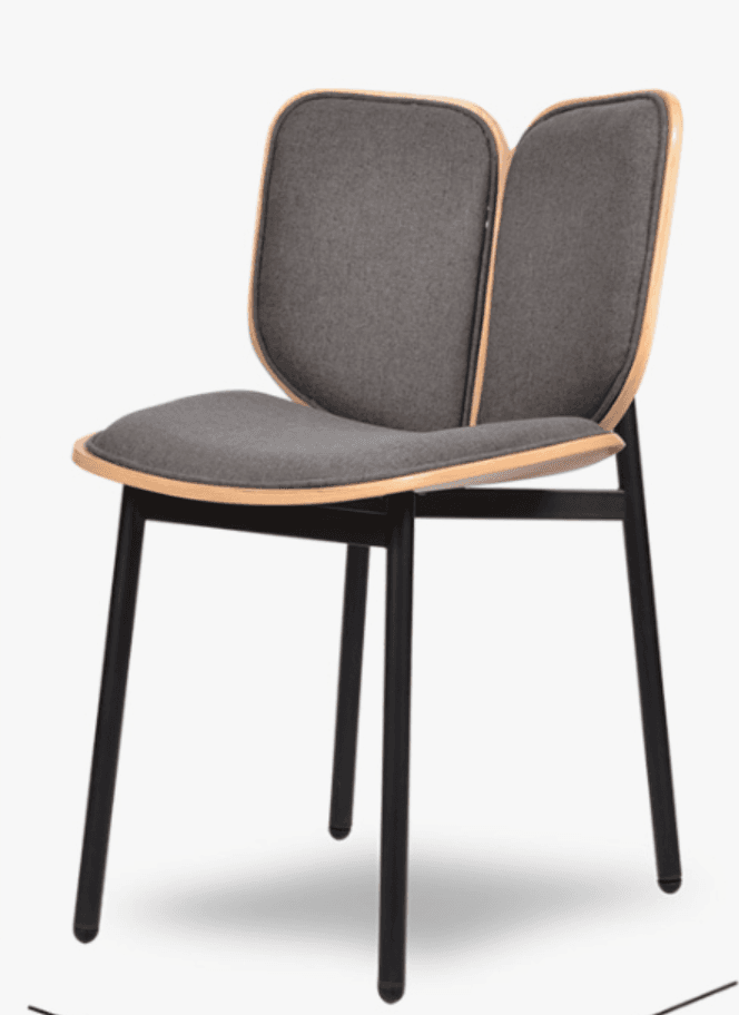 A contemporary dining chair featuring a unique bent plywood frame with upholstered seat and a distinctive split backrest. The frame is finished in a light wood tone, complementing the dark grey fabric upholstery. It is supported by four sleek, tapered black metal legs. — 3D model