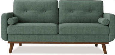 A two-seater sofa with a rectangular silhouette and slightly rounded corners. The sofa features two seat cushions and two back cushions. The back cushions are subtly tufted with two buttons each. It has low-profile arms that curve slightly downwards. A small cylindrical bolster pillow is attached to the right armrest. The base of the sofa is a simple, straight plinth. — 3D model