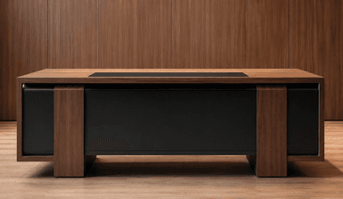 A modern executive desk with a substantial rectangular form, featuring a dark walnut wood veneer finish. The design incorporates thick, integrated slab legs and a flush-mounted black inlay on the work surface. The front facade includes a recessed matte black panel, suggesting integrated storage or a modesty panel. — 3D model