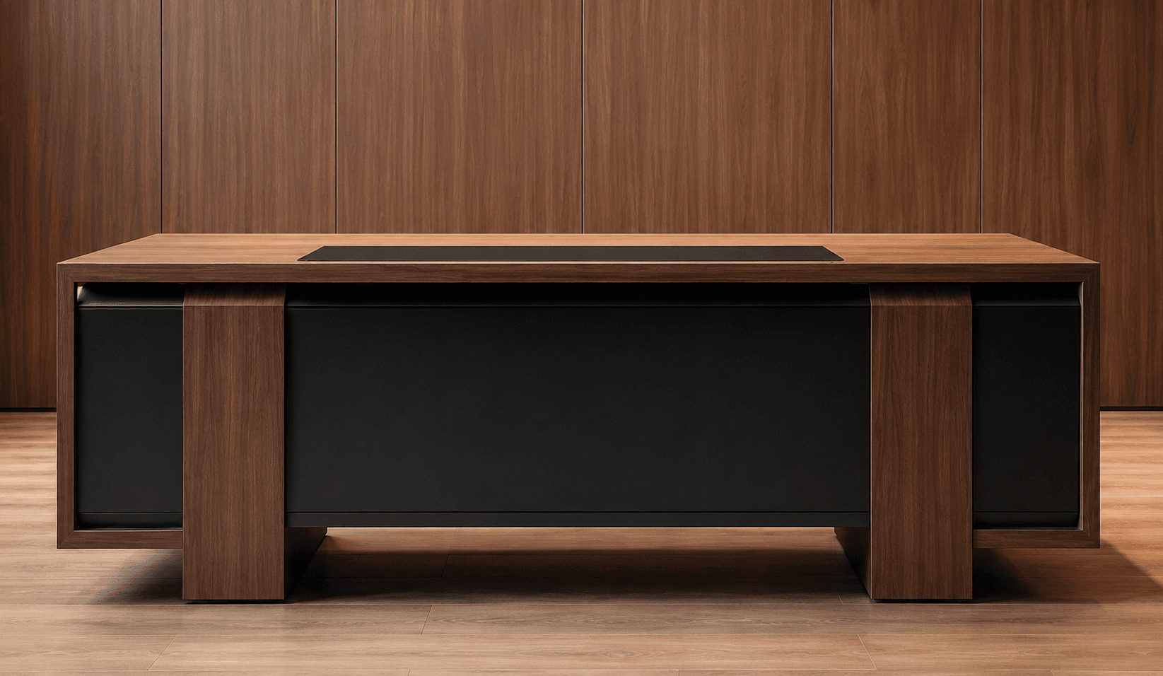 A modern executive desk with a substantial rectangular form, featuring a dark walnut wood veneer finish. The design incorporates thick, integrated slab legs and a flush-mounted black inlay on the work surface. The front facade includes a recessed matte black panel, suggesting integrated storage or a modesty panel. — 3D model